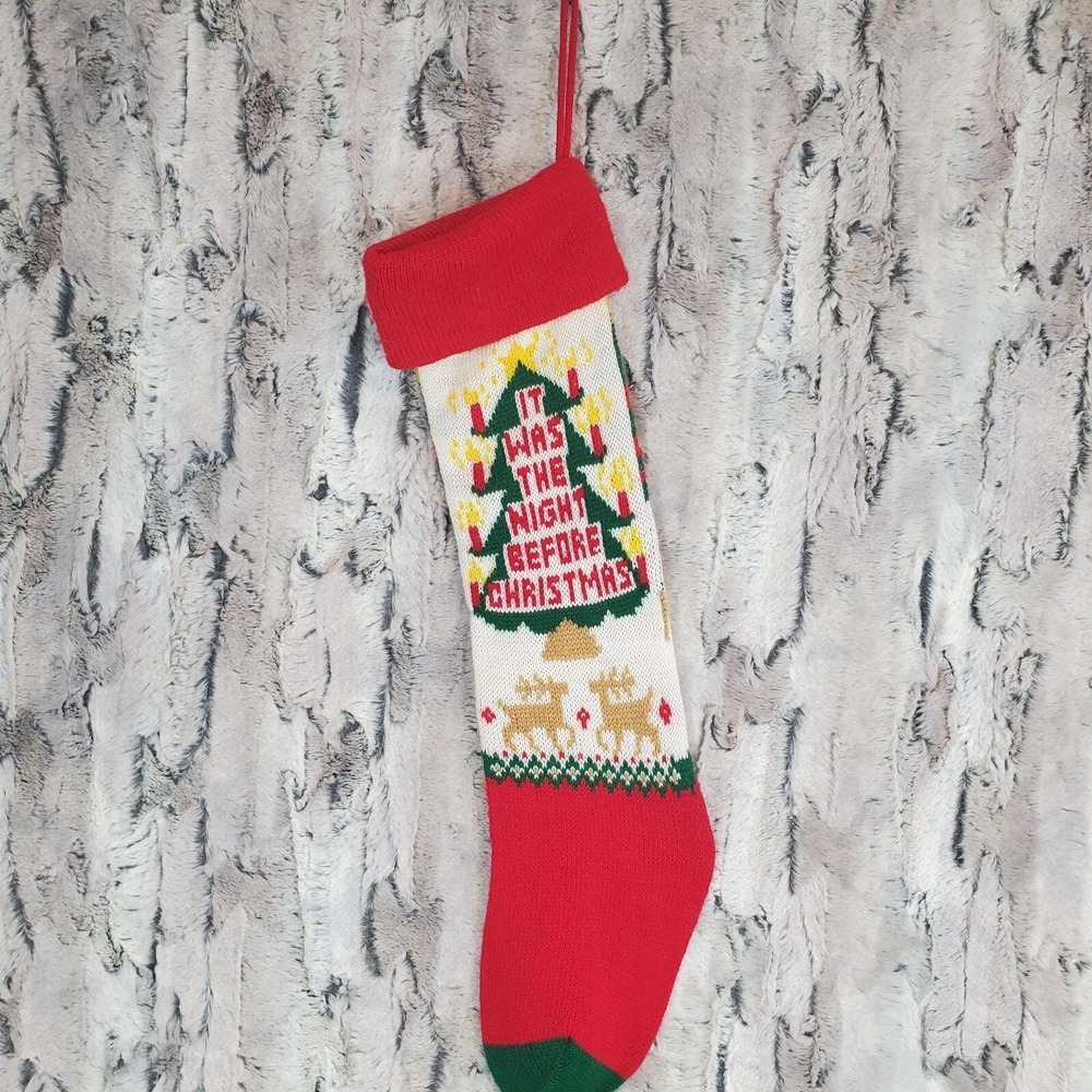 Vtg "It Was The Night Before Christmas" Knit Stocking Sock Kitschy MCM Decor